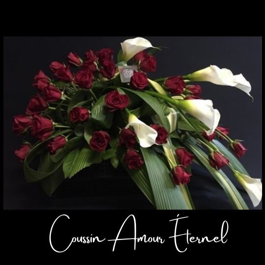 Fleuriste foliole bouquet fleurs funeraire coussin amours eternel
