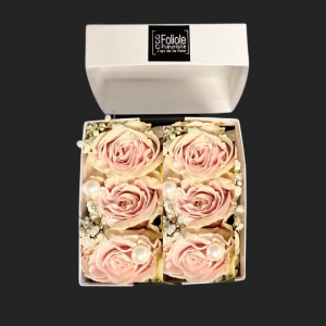 6 Rosed Roses et perles en boîte -Fleuriste foliole expert en livraison même jour Blainville Laval