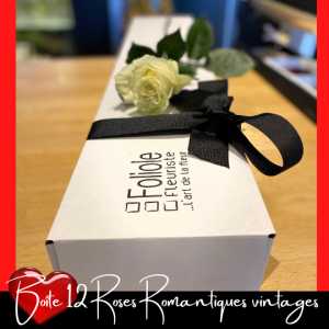 Boite 12 roses blanches romantique vintage fleuriste foliole à Rosemere