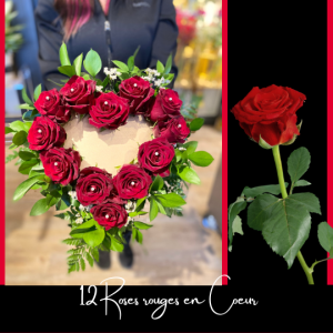Bouquet de 12 roses rouges en forme de cœur exclusif fleuriste foliole