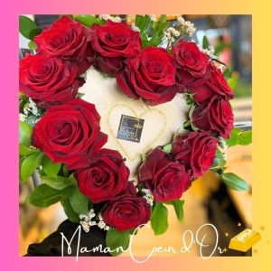 fete des mères 12 roses rouge sur coeur en bois or fleuristefoliole