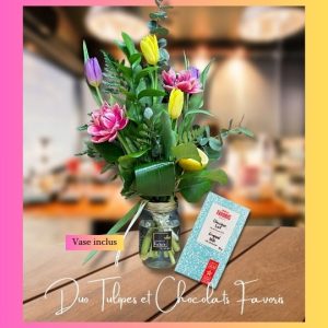 Duo chocolats favoris et des tulipes en pot exclusif foliole livraison Laval Rosemère Blainville