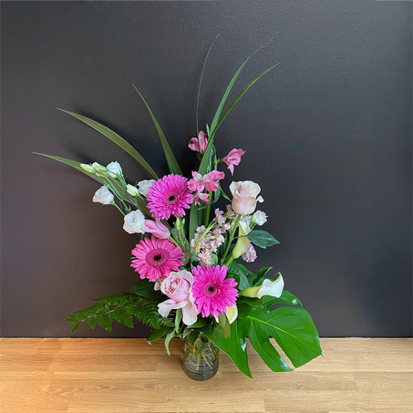La vie en rose vase inclus bouquet de fleurs rose et blanc Collection fleuriste foliole